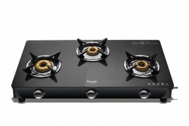 Preethi Valentino Glass top 3 Burner Gas Stove, Manual Ignition, Black