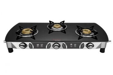 Preethi Blu Flame Blaze Glass top 3 Burner Gas Stove, Manual Ignition, Black