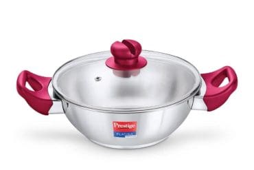 Prestige Platina Popular Stainless Steel Unique Impact Forged Bottom Kadai with Toughened Glass Lid 280mm - Silver