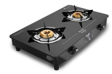 Preethi Zeal Glass top 2 Burner Gas Stove, Manual Ignition, Black