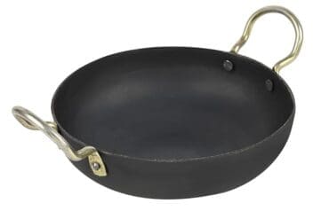 Iron Kadai Deep Bottom Round Kadai, Frying Kadai with Golden Ring , Black-Medium