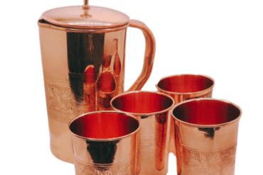 Copper Drinkware Set  Of 4 Glasses 1 Jug With Embssed Design