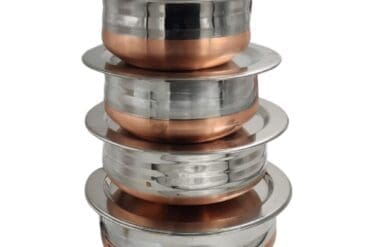 Copper Bottom Uruli with Lid | Urli Vessel Cooking Stainless Steel | Serving Tope Handi  (Set Of 4)