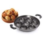 Premier Induction Base Non Stick Paniyaram Pan, Black, 7 Inches with Spatula and Scrubber, Ergonomic Handle, and Convenient Spatula and Scrubber, Perfect for Healthy Cooking and Easy Cleaning.