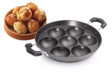 Premier Induction Base Non Stick Paniyaram Pan, Black, 7 Inches with Spatula and Scrubber, Ergonomic Handle, and Convenient Spatula and Scrubber, Perfect for Healthy Cooking and Easy Cleaning.