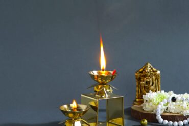 Brass Two Step Oil Lamp With Lotus Design Petal