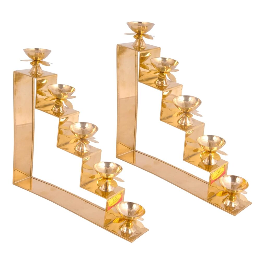 Brass Five Step Oil Lamp With Lotus Design Petal