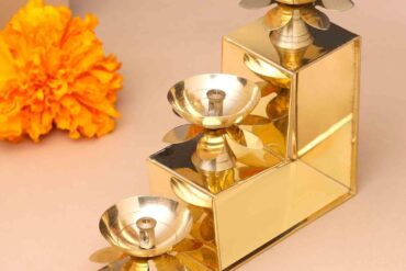 Brass Three Step Oil Lamp With Lotus Design Petal