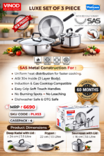 Stainless Steel Triply Set Of 3 Pcs -Deep Kadai with lid,Frypan,Saucepan - Image 3