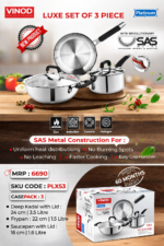 Stainless Steel Triply Set Of 3 Pcs -Deep Kadai with lid,Frypan,Saucepan - Image 2