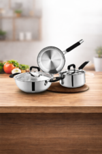 Stainless Steel Triply Set Of 3 Pcs -Deep Kadai with lid,Frypan,Saucepan