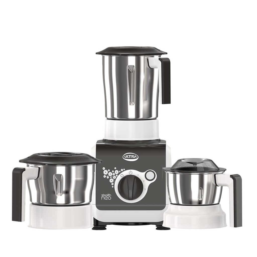 ULTRA Stealth neo MixerGrinder,750W,AISI304 Food Grade SS Jars &Blades,Serrated Stainless Steel Blades,Lesser noise,ABS Body,3Jars Small (0.5L),Medium (0.8L), Large(1.5L), 5Year Motor Warranty