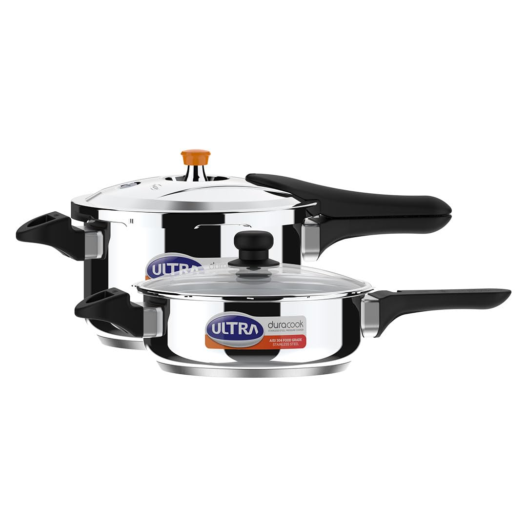 51SpzyT6JpL._SL1080_ Ultra Duracook Junior Celebrations pack of 3.5L & 5.5L Pressurecooker,Gifting,SS304 FoodGrade,Interchangeable Lids,Frothcollector,Induction,3LayerCompositeBase,solid Bakelite handles,ISI,10Y Warranty - Image 1