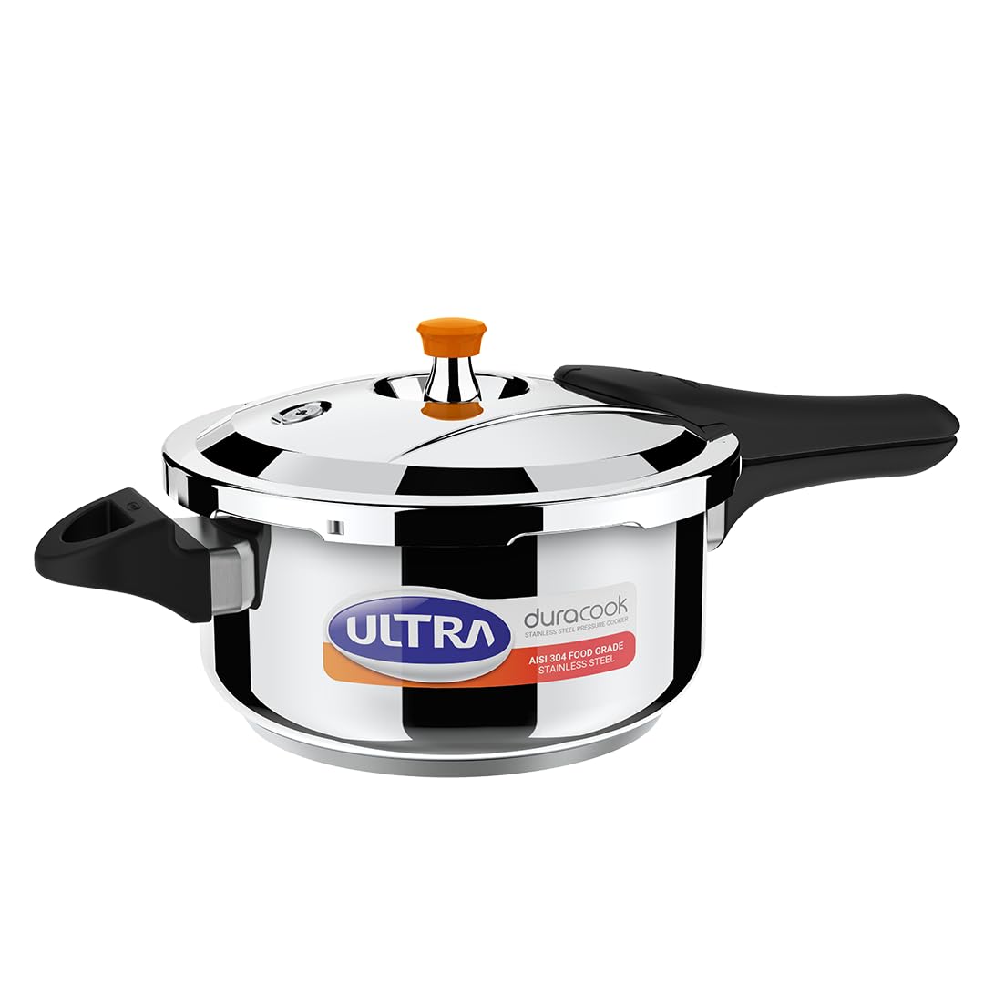 51YjKAeyuLL._SL1080_ Ultra Duracook Pressure Cooker 4.5 Litre | AISI 304 Food Grade Stainless Steel Cooker with10 Years Warranty | High Impact 3-Layer Composite Base | Spillage Control | Sturdy Bakelite Handle - Image 1