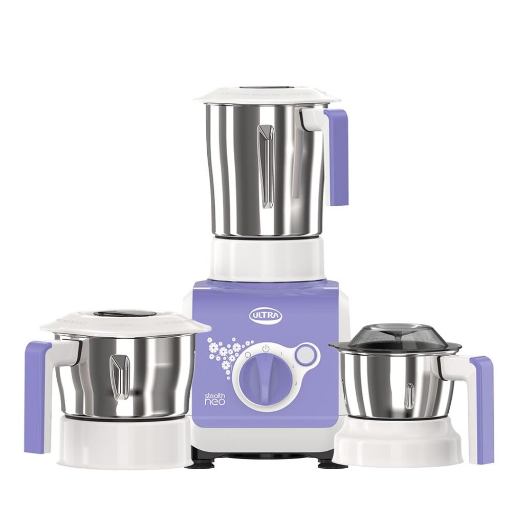 ULTRA Stealth neo MixerGrinder,750W,AISI304 Food Grade SS Jars &Blades,Serrated Stainless Steel Blades,Lesser noise,ABS Body,3Jars Small (0.5L),Medium (0.8L), Large(1.5L), 5Year Motor Warranty