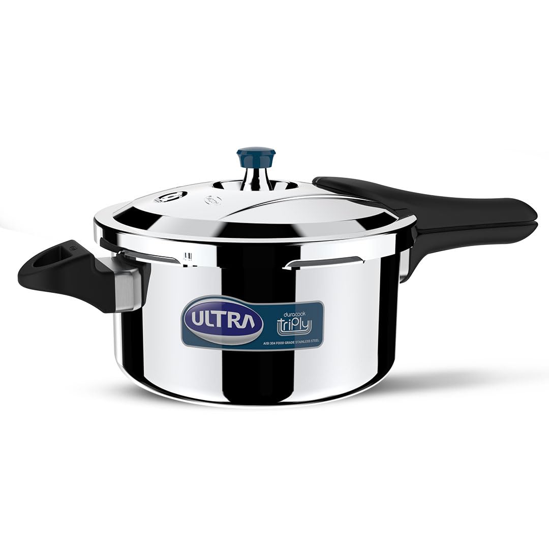 51qD44gtVNL._SL1080_ Ultra Duracook Triply Pressure Cooker 4.5 Litre | AISI 304 Food Grade Stainless Steel Cooker | 5 Years Warranty | Induction Compatible | Broad Base - Cooks Fast & Saves Gas | 1.2 MM Lid Thickness - Image 1