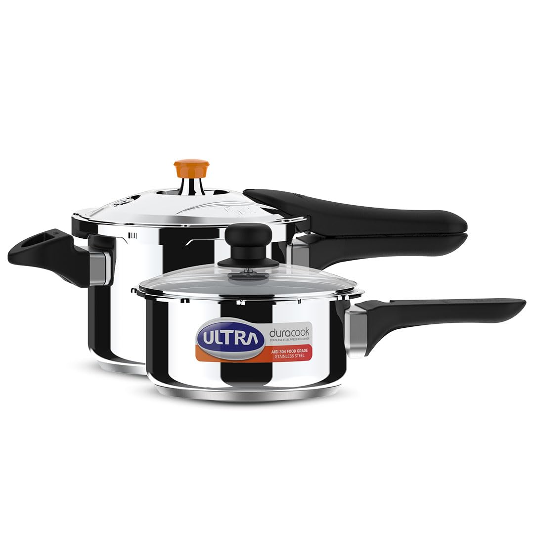 51tiI5vkfjL._SL1080_ Ultra Duracook Mini Celebrations pack of 2L & 3L Pressure cooker,Gifting,SS304 FoodGrade,Interchangeable Lids,Frothcollector,Induction,3 Layer Composite Base,solid Bakelite handles,ISI,10Y Warranty - Image 1