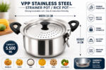 Stainless Steel Strainer Pot/Rice Pot with Strong Lockable Lid for Noodles, Pasta, Corn, SOYA, Vegetables & Rice|Gas & Induction Friendly Sandwich Bottom, 5.500ML - Image 3