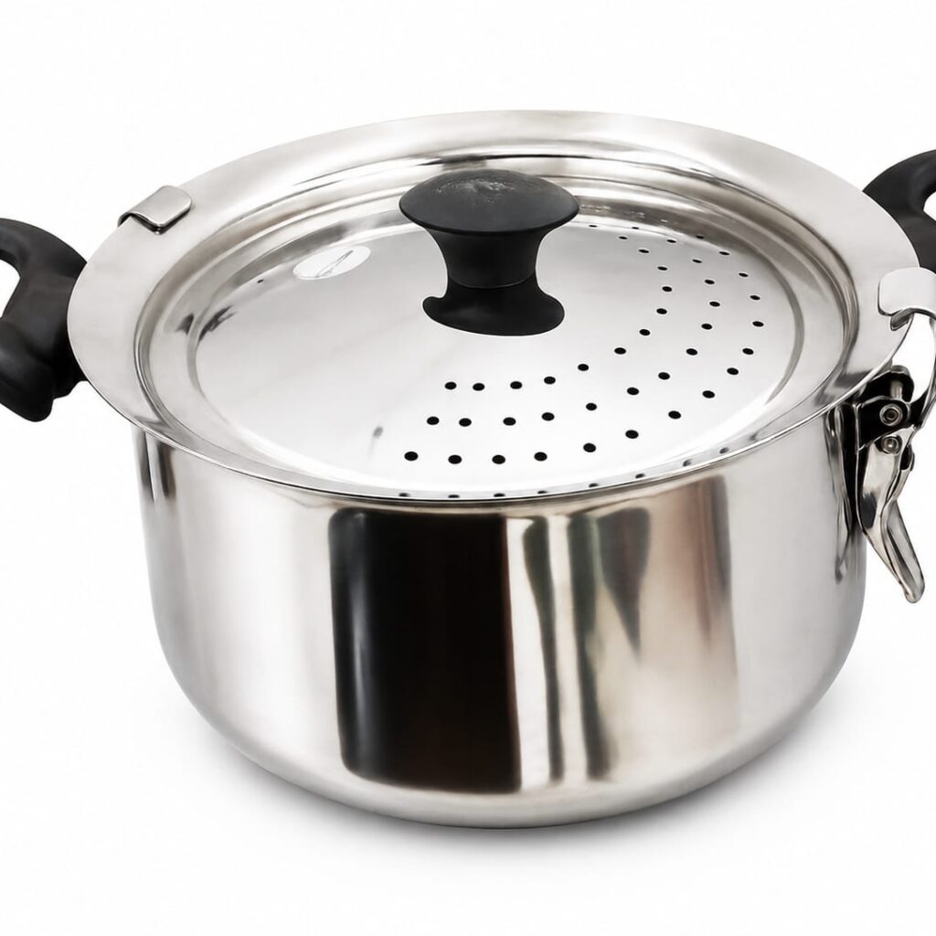 Stainless Steel Strainer Pot/Rice Pot with Strong Lockable Lid for Noodles, Pasta, Corn, SOYA, Vegetables & Rice|Gas & Induction Friendly Sandwich Bottom, 5.500ML