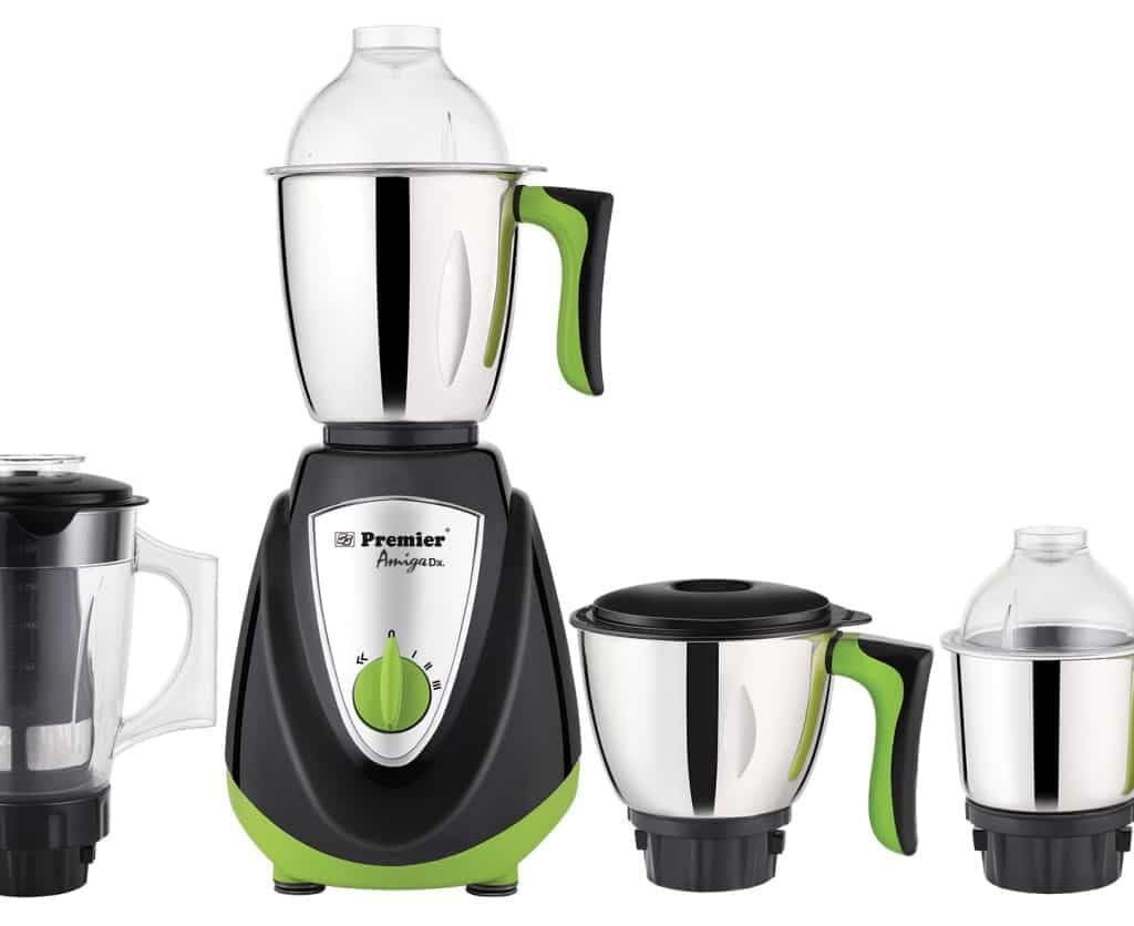 Premier Amiga DX 750W Mixer Grinder with Juicer | 4 Jars | 0.5L, 1L, 1.5L + 1.75L Juicer Jar | Stainless Steel Jars | ISI Certified | 5 Year Motor Warranty | Black & Green