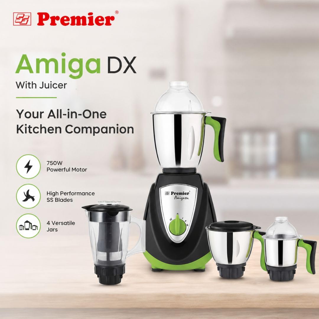 22 Premier Amiga DX 750W Mixer Grinder with Juicer | 4 Jars | 0.5L, 1L, 1.5L + 1.75L Juicer Jar | Stainless Steel Jars | ISI Certified | 5 Year Motor Warranty | Black & Green - Image 5