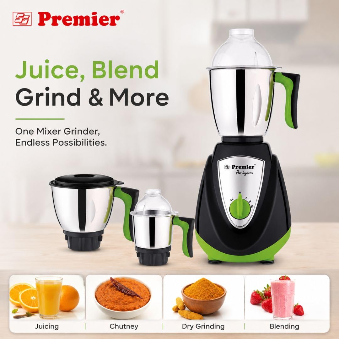 23 Premier Amiga DX 750W Mixer Grinder with Juicer | 4 Jars | 0.5L, 1L, 1.5L + 1.75L Juicer Jar | Stainless Steel Jars | ISI Certified | 5 Year Motor Warranty | Black & Green - Image 4