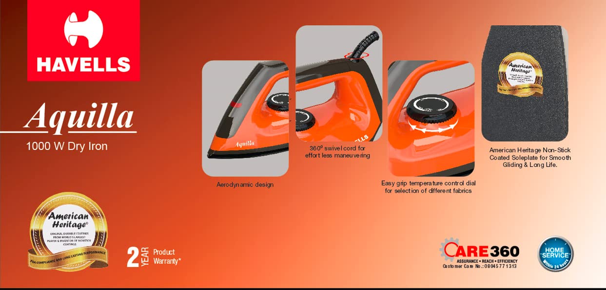 61-DM3Am+uL._SL1243_ Havells Aquilla Dry Iron, Orange/Black, 1000 Watts - Image 5