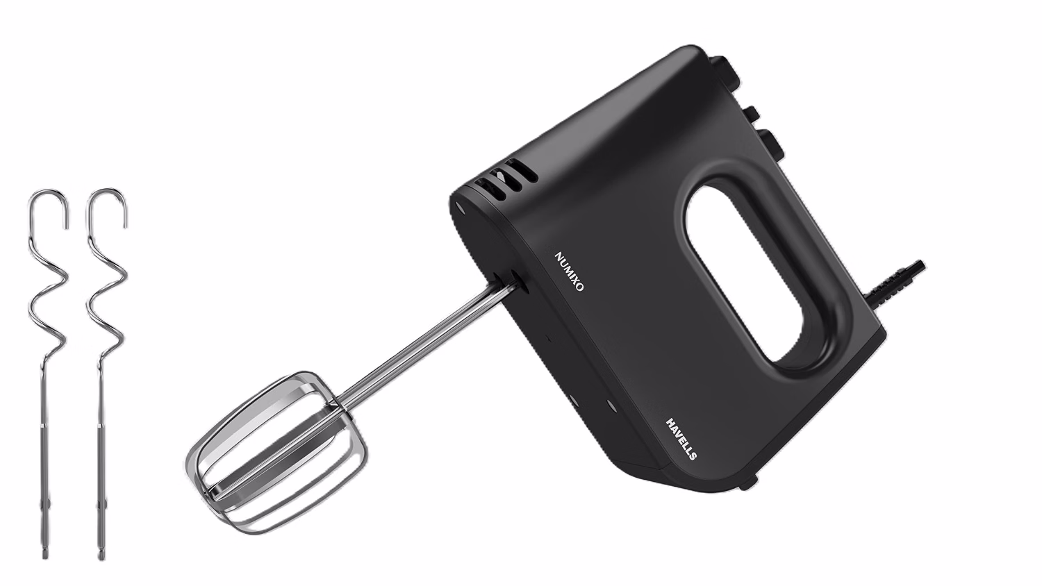 617wdnWk0BL._SL1500_ Havells Numixo 300 watt Hand Mixer with Single Eject Button | 5 Speed Turbo Function | Stainless Steel Hooks | 1300 RPM & 2 Years Warranty (Black) - Image 1